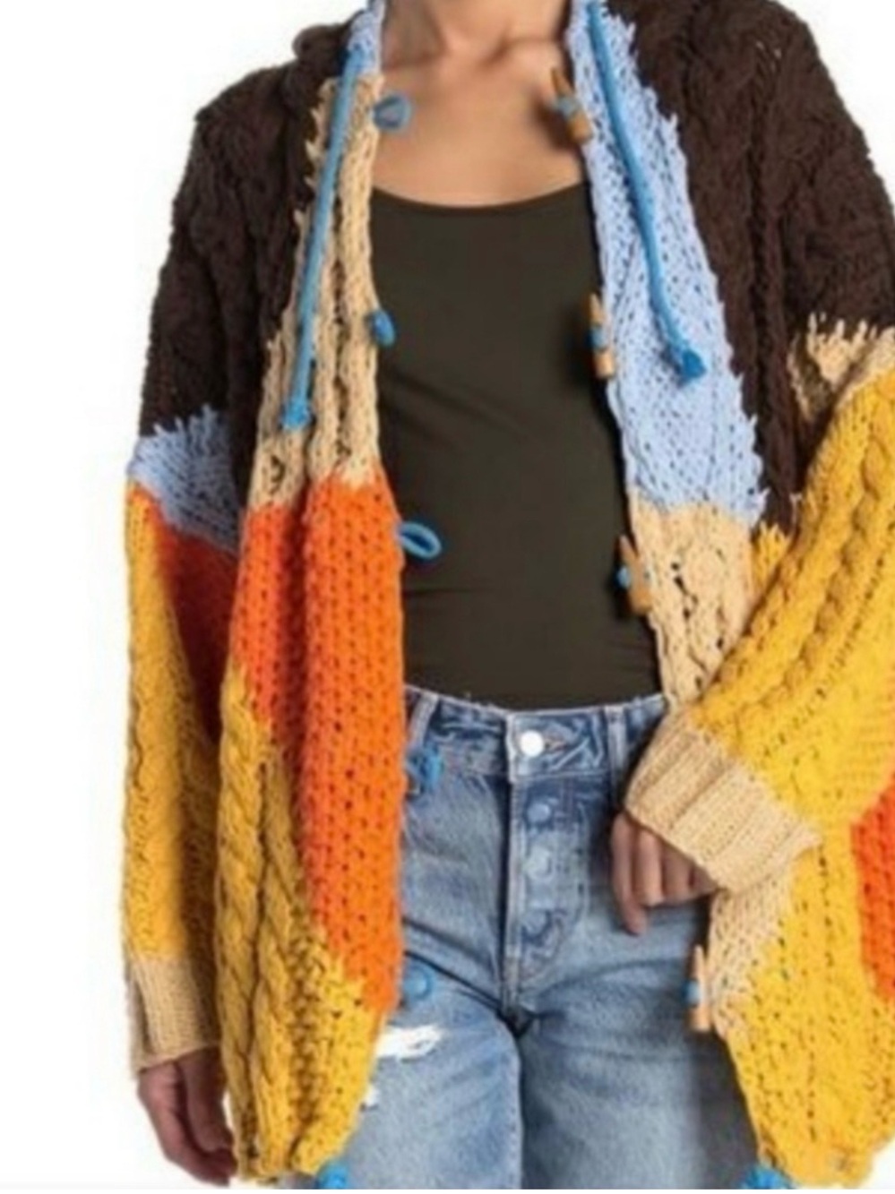 Free People Chunky Colorblock Cable Knit Perfectly Patched Poncho - Picture 13 of 15